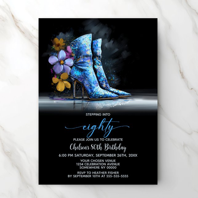 Blue Sequin Boots 80th Birthday Party Invitation (Creator Uploaded)