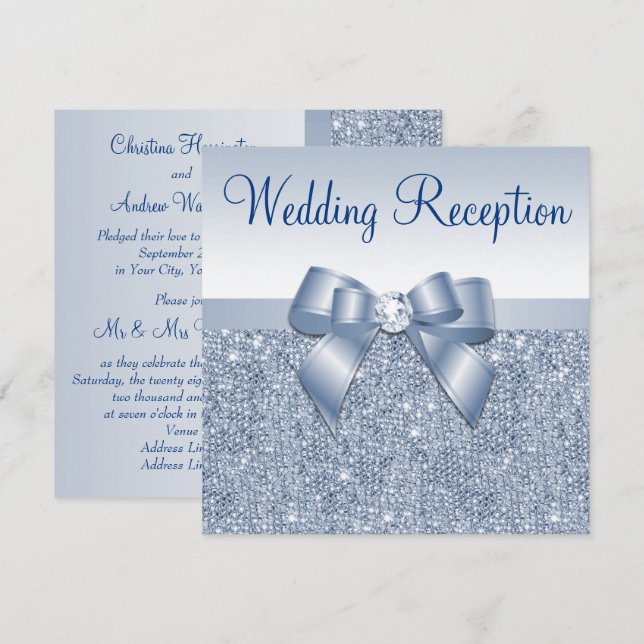 Blue Sequins &  Jewelled  Bow Wedding Reception Invitation (Front/Back)