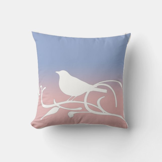 Blue Serenity and Rose Quartz Bird on a Branch Throw Pillow (Front)