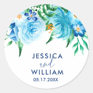 Blue Shades Florals Watercolor Wedding Classic Round Sticker