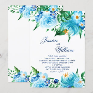Blue Shades Florals Watercolor Wedding Invitation