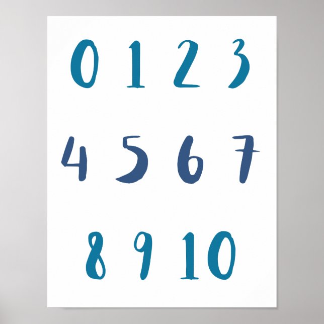 Blue Shades Numbers Zero to Ten 0 to 10 Kids Room Poster (Front)