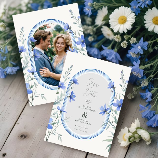 Blue Shades Precious Botanical Wildflower Branches Save The Date (Announce your wedding with elegance and style using our Delicate Blue Shades Cherish Botanical.)