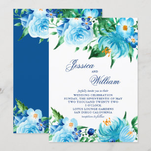 Blue Shades Watercolor Florals Wedding Invitation