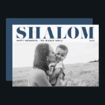 Blue Shalom Bold Typography Happy Hanukkah Photo Holiday Card<br><div class="desc">Happy Hanukkah! Send Hanukkah wishes to family and friends with this customizable modern Hanukkah card. It features SHALOM in bold typography. Personalize by adding names and a photo. This photo Happy Hanukkah card is available in other cardstock.</div>