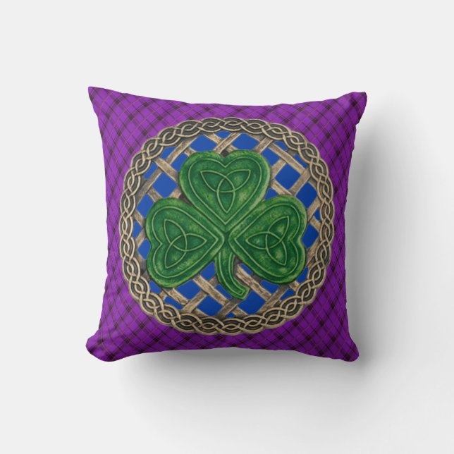 Blue Shamrock Celtic Knots On Purple Plaid Throw Pillow (Front)