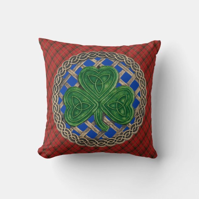 Blue Shamrock Celtic Knots On Red Plaid Throw Pillow (Front)