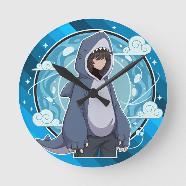 Blue Shark Boy Anime Art Round Clock (Front)
