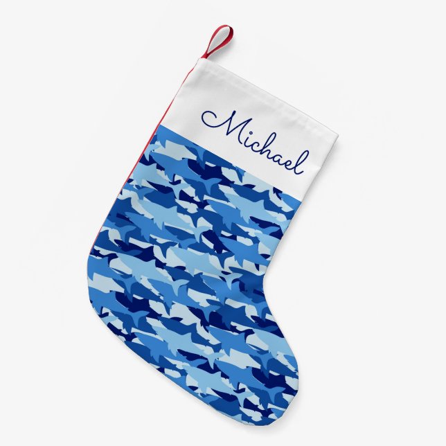 Blue Shark Pattern | Add Your Name Small Christmas Stocking (Front (Hanging))
