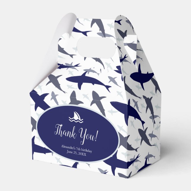 Blue Shark Pattern Boy Birthday Party Thank You Favor Box (Front Side)