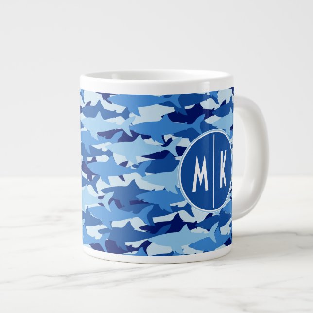 Blue Shark Pattern | Monogram Large Coffee Mug (Front Right)
