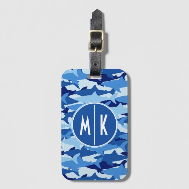 Blue Shark Pattern | Monogram Luggage Tag (Front Vertical)