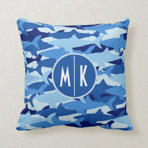 Blue Shark Pattern Monogram Throw Pillow