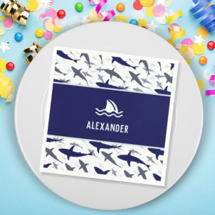 Blue Shark Pattern with Name Boy Birthday Party Napkin