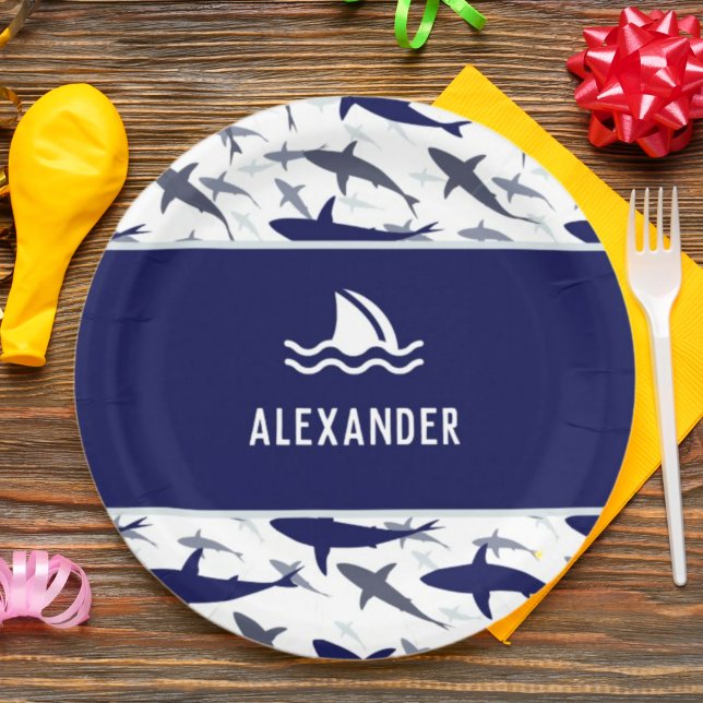 Blue Shark Pattern with Name Boy Birthday Party Paper Plate (Creator Uploaded)