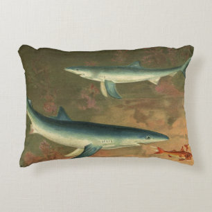 Blue Sharks Eating Fish, Vintage Marine Life Accent Pillow
