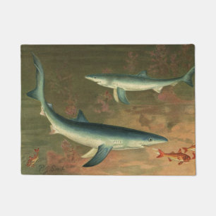 Blue Sharks Eating Fish, Vintage Marine Life Doormat
