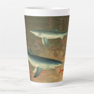 Blue Sharks Eating Fish, Vintage Marine Life Latte Mug