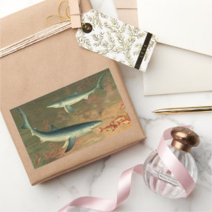 Blue Sharks Eating Fish, Vintage Marine Life Sticker