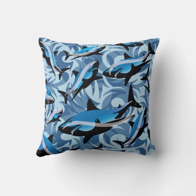 Blue Sharks Swimming Pattern Throw Pillow (Back)