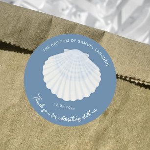 Blue shell Christening baptism Thank you Classic Round Sticker