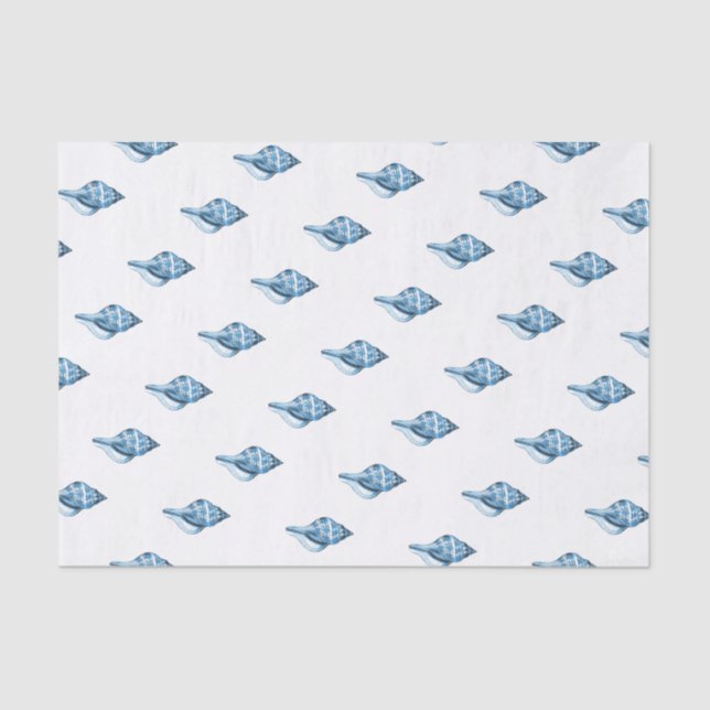 Blue shell ocean nautical coastal gift wrapping tissue paper (Front)