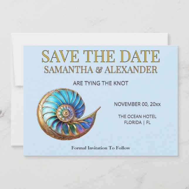 Blue Shell Save the Date Wedding Card (Front)