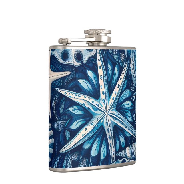 Blue Shells Beach Batik Starfish Nautical Theme Hip Flask (Right)