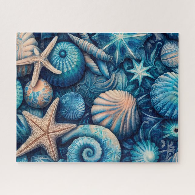 Blue Shells Beach Batik Starfish Sand Dollar Jigsaw Puzzle (Horizontal)