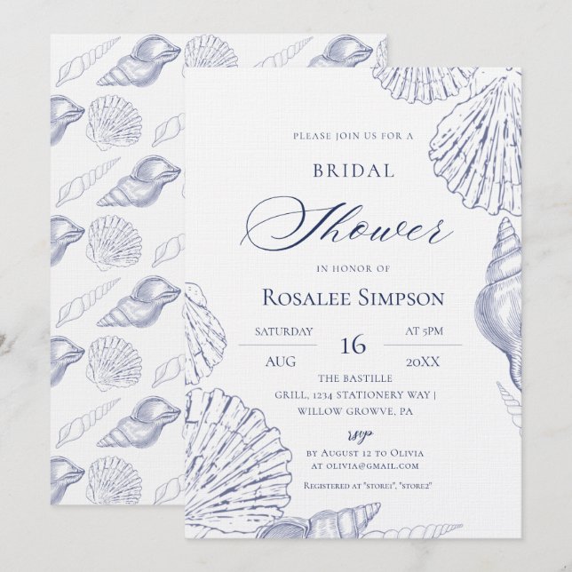 Blue Shells Beach Elegant Bridal Shower Invitation (Front/Back)
