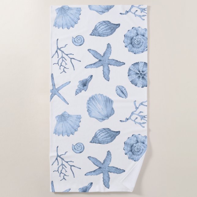 Blue Shells Watercolor Beach Towel (Front)