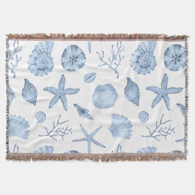 Blue Shells Watercolor Throw Blanket (Front)
