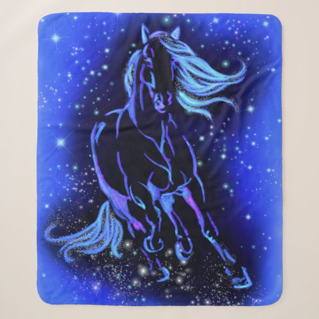 Blue Sherpa Blanket Horse Running At Night  (Front)