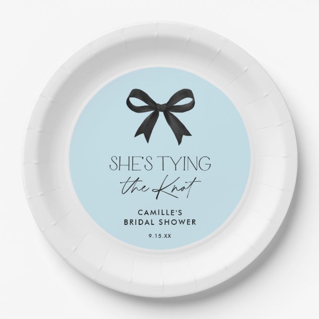 Blue She's Tying The Knot Bow Wedding Shower Paper Plate (Front)