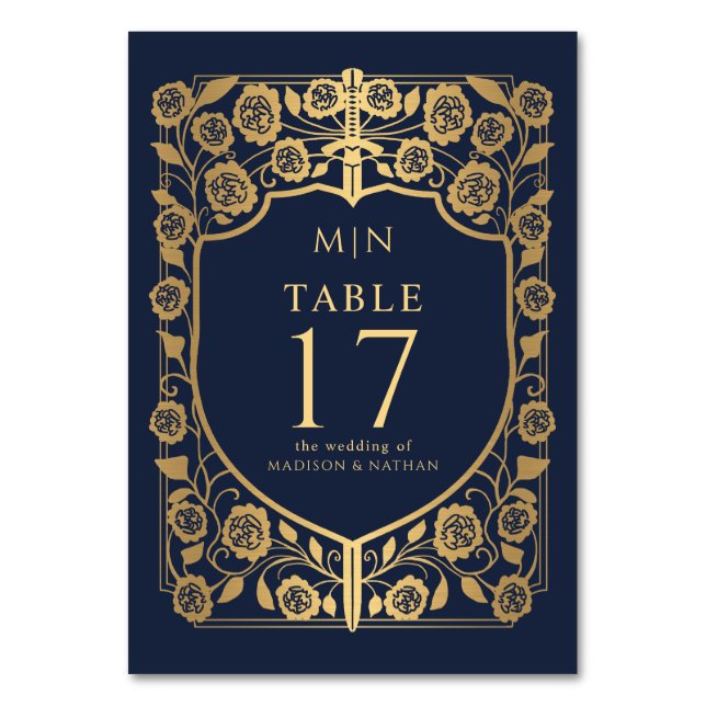 Blue Shield Medieval Fantasy Monogram Wedding  Table Number (Front)