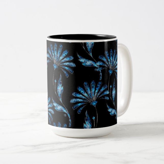 Blue Shimmer Floral Two-Tone Coffee Mug (Front Right)