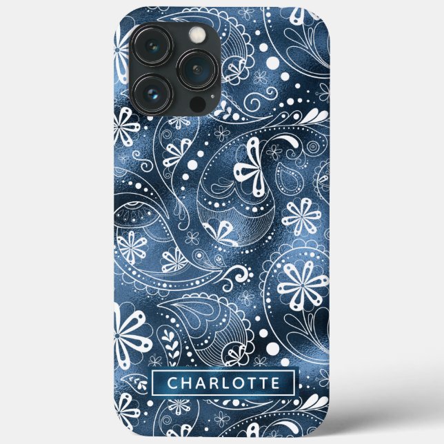 Blue Shimmer Modern Girly Paisley Personalized Case-Mate iPhone Case (Back)