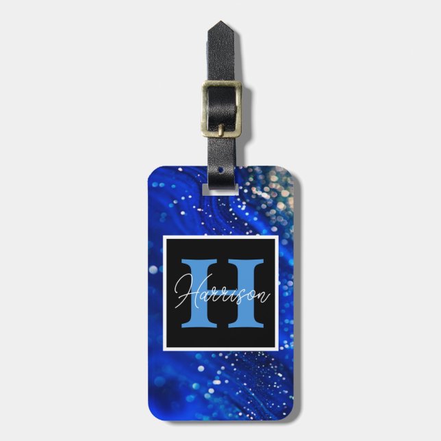 Blue Shimmer Name & Monogram  Luggage Tag (Front Vertical)