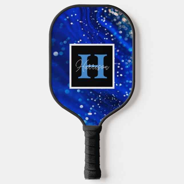 Blue Shimmer Name & Monogram Personalized Pickleball Paddle (Front)