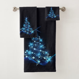 Blue Shine of Stars on Christmas Tree Dark Bath Towel Set
