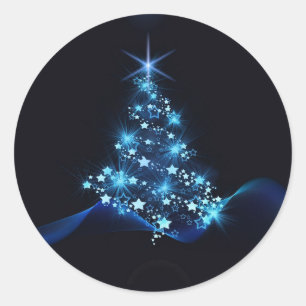Blue Shine of Stars on Christmas Tree Dark Classic Round Sticker