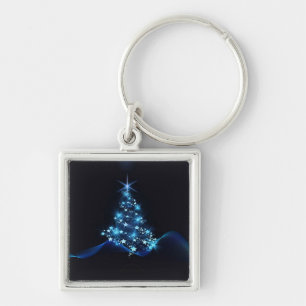 Blue Shine of Stars on Christmas Tree Dark Keychain