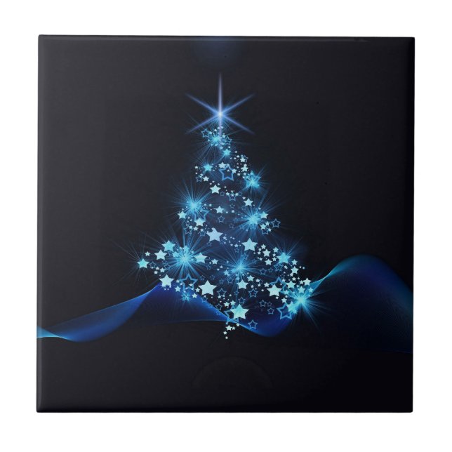 Blue Shine of Stars on Christmas Tree Dark  Tile (Front)