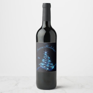 Blue Shine of Stars on Christmas Tree Dark Wine Label