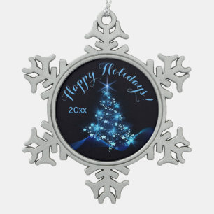 Blue Shine of Stars on Christmas Tree Dark Year Snowflake Pewter Christmas Ornament