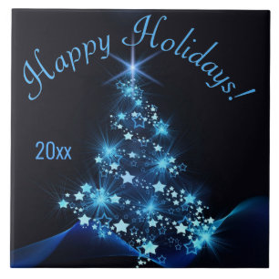 Blue Shine of Stars on Christmas Tree Dark Year Tile