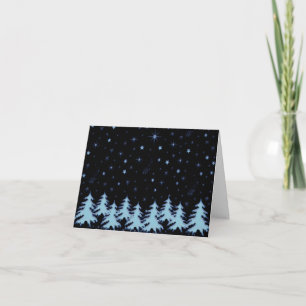 Blue shiny Christmas trees and stars on night sky Card