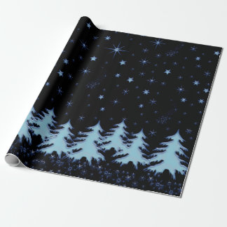 Blue shiny Christmas trees and stars on night sky Wrapping Paper