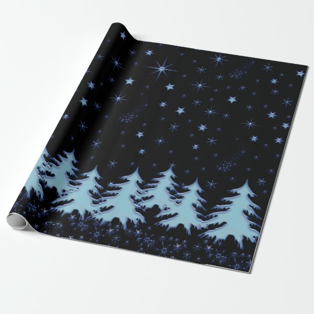 Blue shiny Christmas trees and stars on night sky Wrapping Paper (Unrolled)