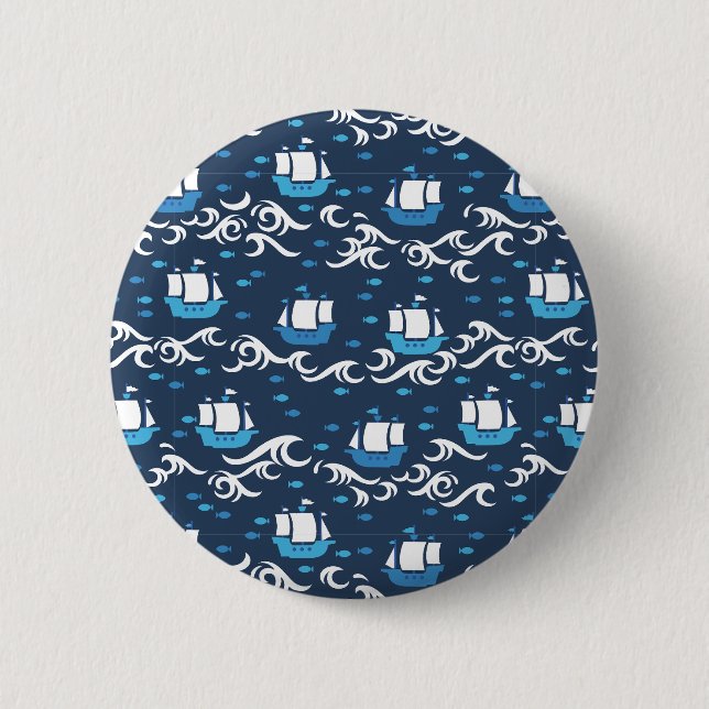 Blue Ship Voyage in the Sea Pattern II 2 Inch Round Button (Front)